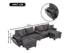 ModernLuxe Sofá moderno em forma de U - con USB, Type-C e lâmpada de leitura - con luzes LED na porta - con porta-copos e 2 pés-de-boi - veludo canelado - Cinza^ Sofá