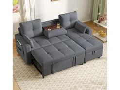 Sofá|ModernLuxe Sofá moderno em L - Sofá-cama modular - Função dormir - Com armazenamento - Com porta-copos - Cinza Cinzento
