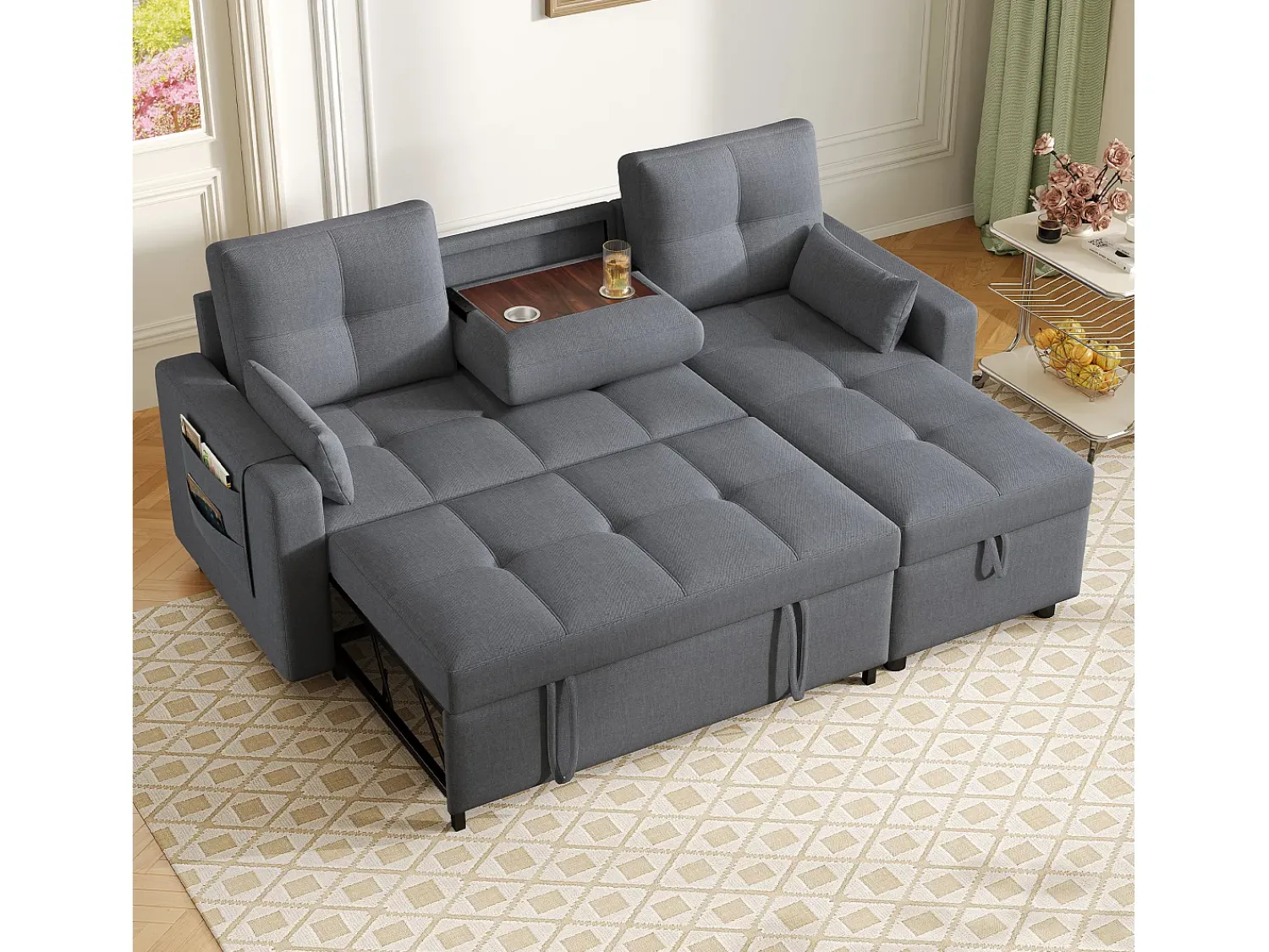 Sofá|ModernLuxe Sofá moderno em L - Sofá-cama modular - Função dormir - Com armazenamento - Com porta-copos - Cinza Cinzento