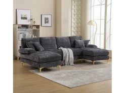Merax Sofá moderno em U - 272 x 136 x 88 cm - com 2 assentos reclináveis para sala de estar e quarto - Chenille - cinza^ Sofá