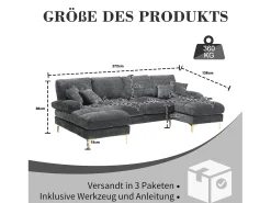 Merax Sofá moderno em U - 272 x 136 x 88 cm - com 2 assentos reclináveis para sala de estar e quarto - Chenille - cinza^ Sofá