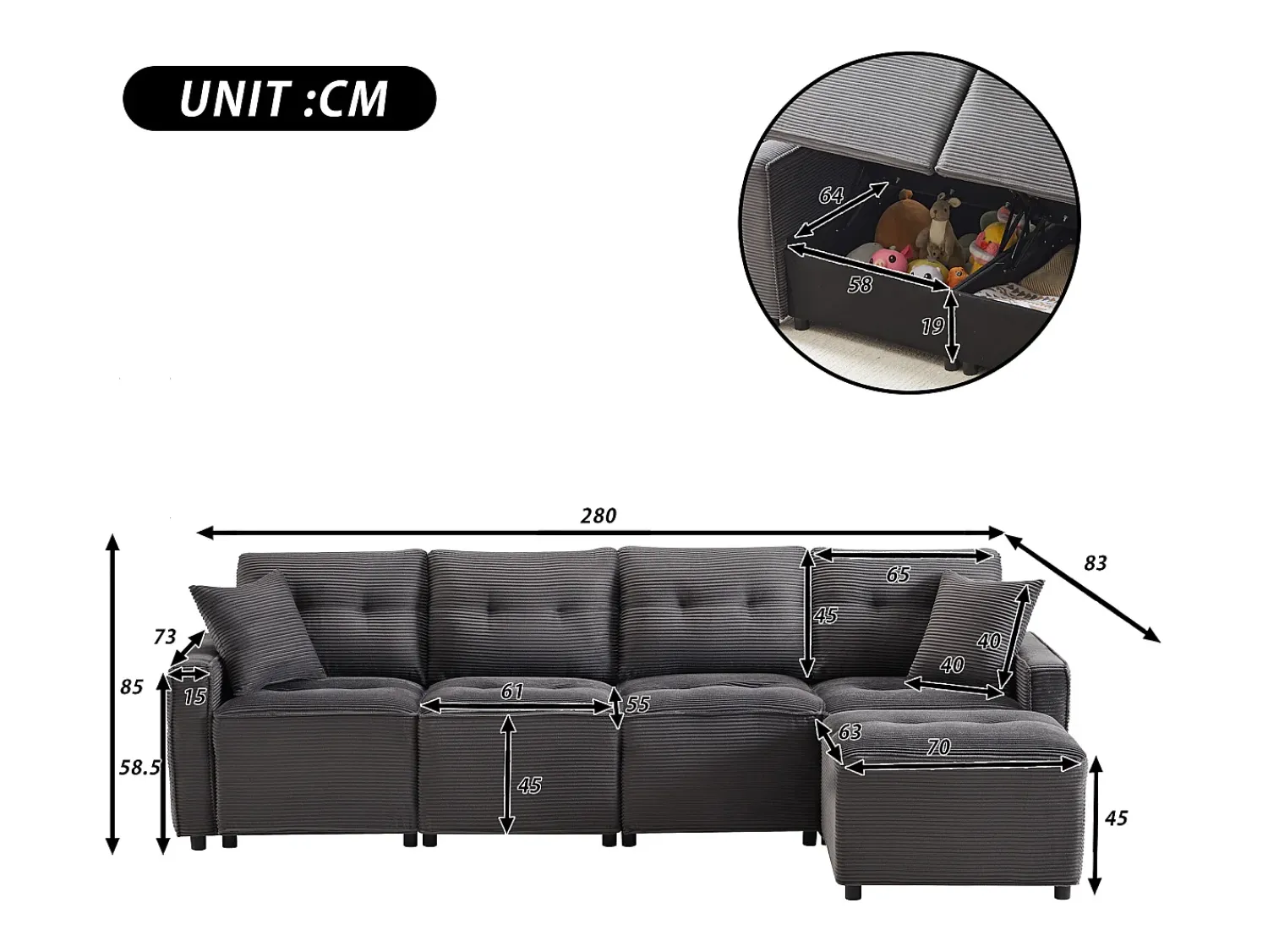 Clearance ModernLuxe Sofá moderno em veludo canelado - espaço de armazenamento embaixo - con descanso de pés livre de movimento - Cinza Cinzento
