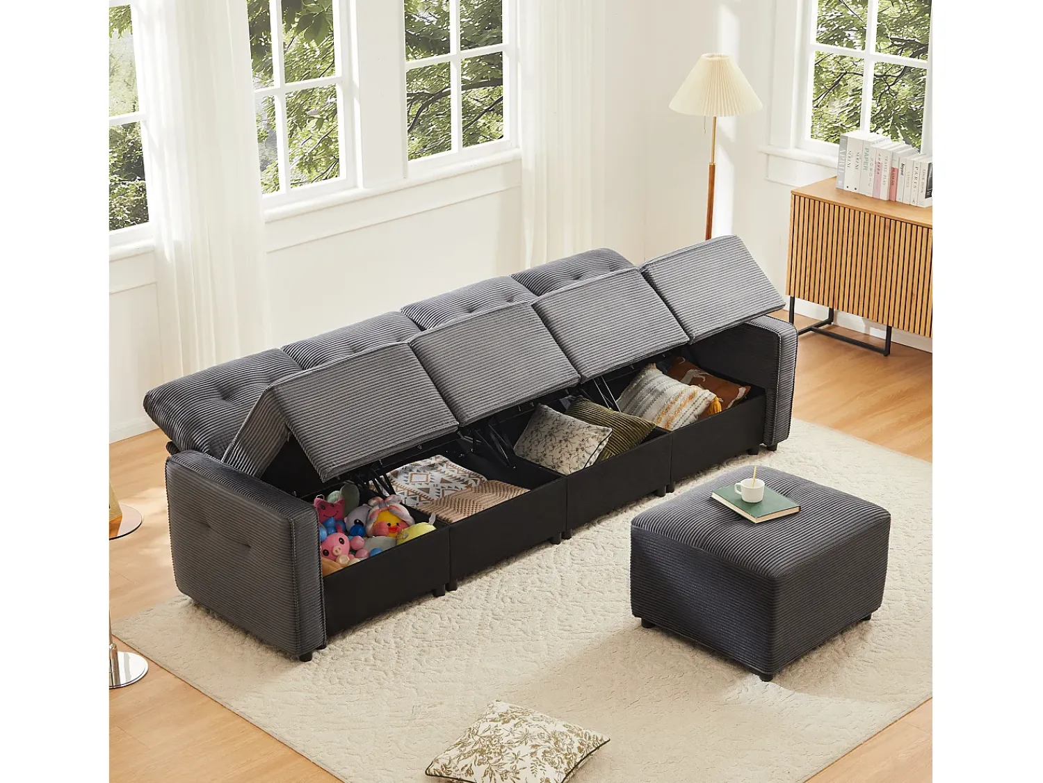 Clearance ModernLuxe Sofá moderno em veludo canelado - espaço de armazenamento embaixo - con descanso de pés livre de movimento - Cinza Cinzento