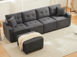 Clearance ModernLuxe Sofá moderno em veludo canelado - espaço de armazenamento embaixo - con descanso de pés livre de movimento - Cinza Cinzento
