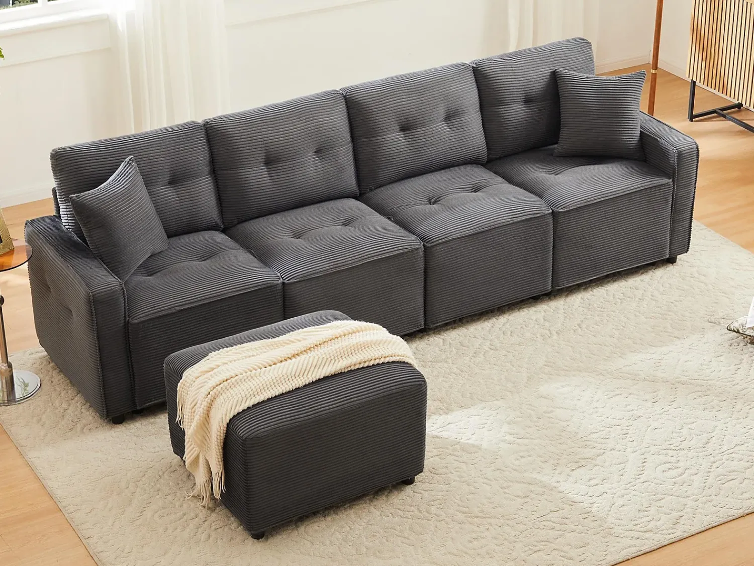 Clearance ModernLuxe Sofá moderno em veludo canelado - espaço de armazenamento embaixo - con descanso de pés livre de movimento - Cinza Cinzento
