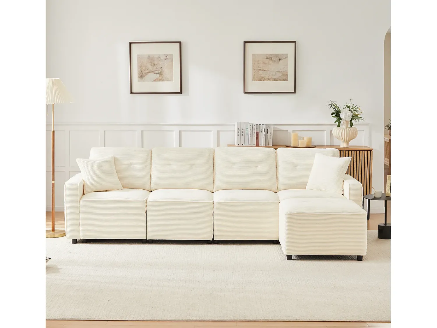 Sofá*ModernLuxe Sofá moderno em veludo canelado - espaço de armazenamento embaixo - con descanso de pés livre de movimento - Bege
