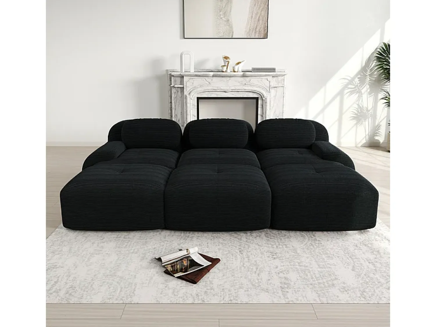 Outlet DripeX Sofá modular 3 lugares + 3 puff - veludo côtelê - com 3 almofadas - densidade assento 32kg/m³ - 298x178x70cm - Preto