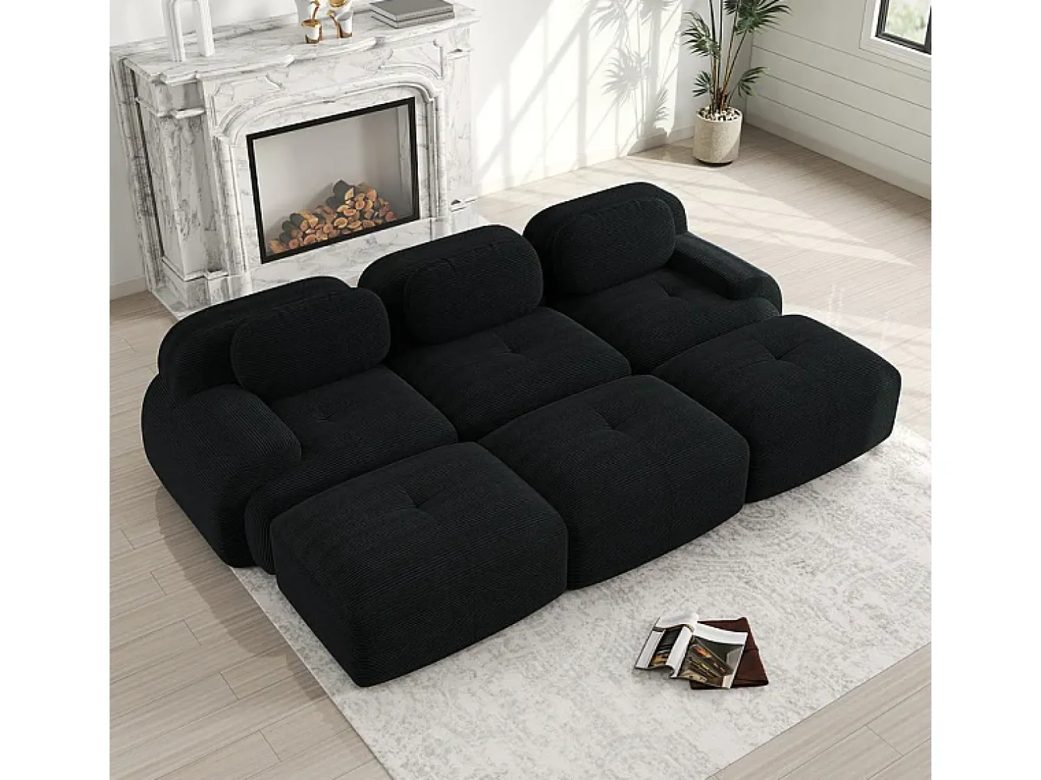 Outlet DripeX Sofá modular 3 lugares + 3 puff - veludo côtelê - com 3 almofadas - densidade assento 32kg/m³ - 298x178x70cm - Preto