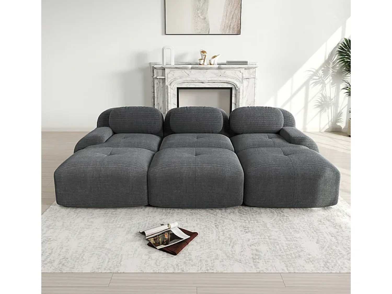 Sofá|DripeX Sofá modular 3 lugares + 3 puff - veludo côtelê - com 3 almofadas - densidade assento 32kg/m³ - 298x178x70cm - Cinza Cinzento