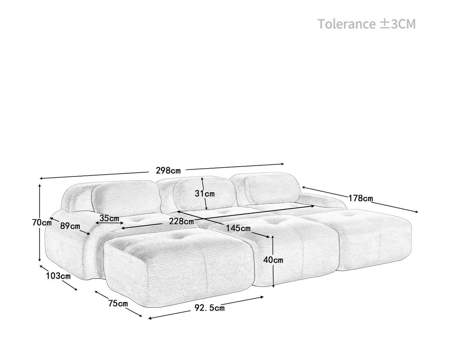 Sofá|DripeX Sofá modular 3 lugares + 3 puff - veludo côtelê - com 3 almofadas - densidade assento 32kg/m³ - 298x178x70cm - Cinza Cinzento