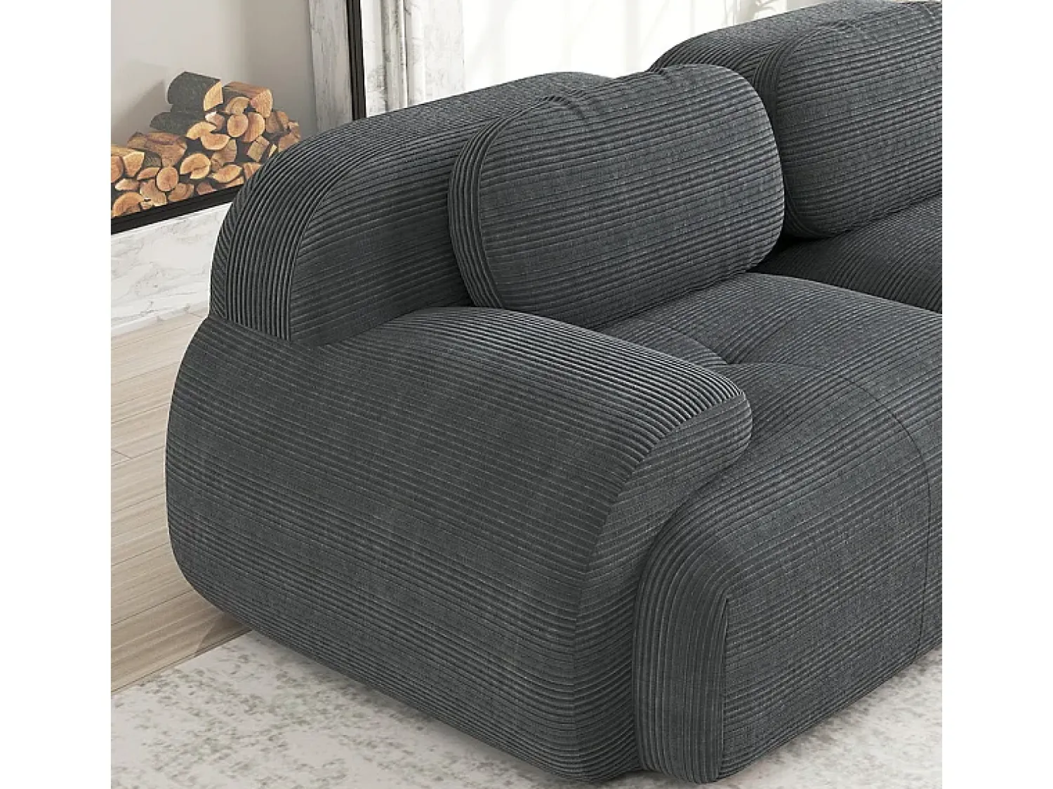 Sofá|DripeX Sofá modular 3 lugares + 3 puff - veludo côtelê - com 3 almofadas - densidade assento 32kg/m³ - 298x178x70cm - Cinza Cinzento