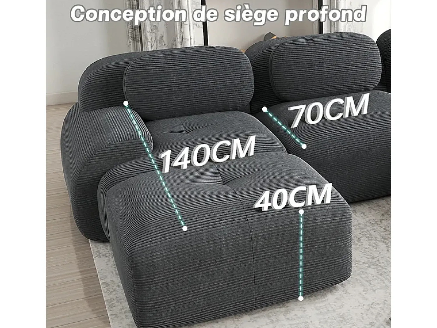 Sofá|DripeX Sofá modular 3 lugares + 3 puff - veludo côtelê - com 3 almofadas - densidade assento 32kg/m³ - 298x178x70cm - Cinza Cinzento