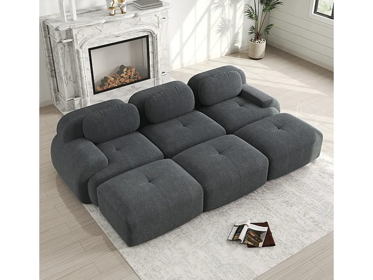 Sofá|DripeX Sofá modular 3 lugares + 3 puff - veludo côtelê - com 3 almofadas - densidade assento 32kg/m³ - 298x178x70cm - Cinza Cinzento