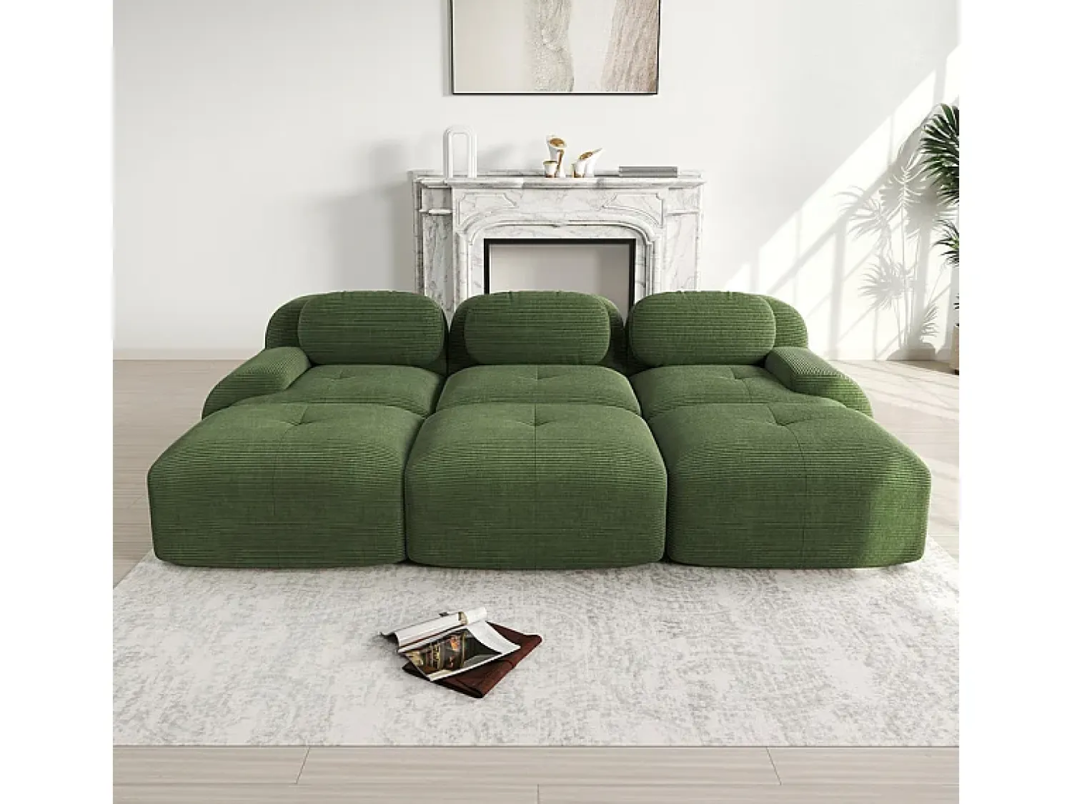 Sofá|DripeX Sofá modular 3 lugares + 3 puff - veludo côtelê - com 3 almofadas - densidade assento 32kg/m³ - 298x178x70cm - Verde