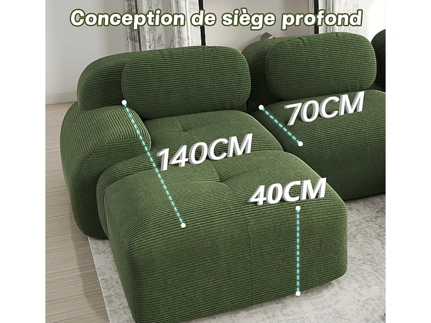 Sofá|DripeX Sofá modular 3 lugares + 3 puff - veludo côtelê - com 3 almofadas - densidade assento 32kg/m³ - 298x178x70cm - Verde