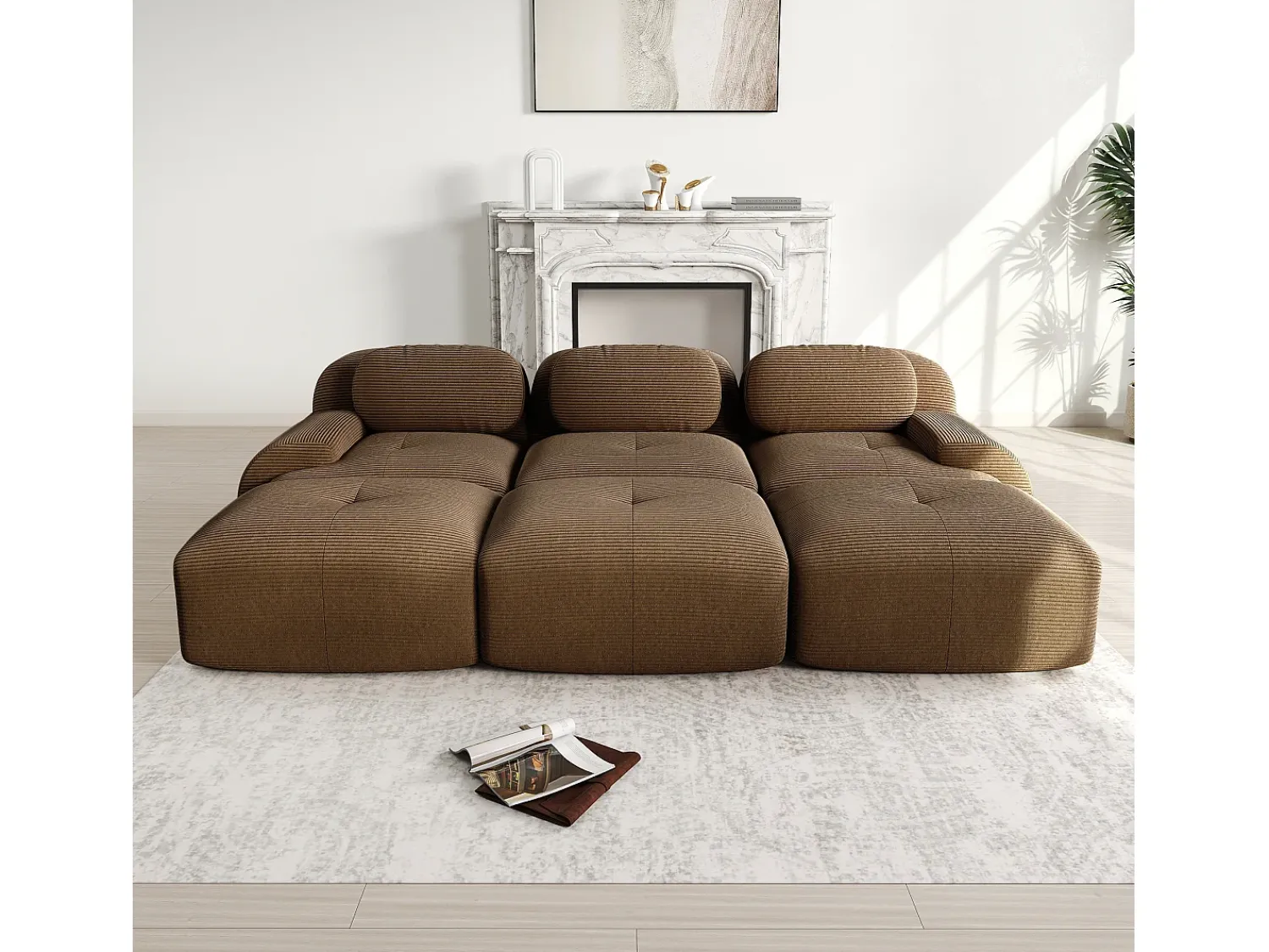 Sofá*DripeX Sofá modular 3 lugares + 3 puffs - veludo cotelê - com 3 almofadas - densidade do assento 32kg/m³ - 298x178x70cm - Marrom Castanho
