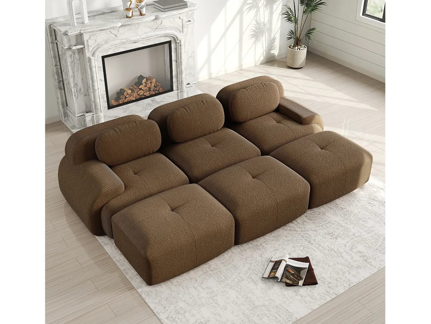Sofá*DripeX Sofá modular 3 lugares + 3 puffs - veludo cotelê - com 3 almofadas - densidade do assento 32kg/m³ - 298x178x70cm - Marrom Castanho