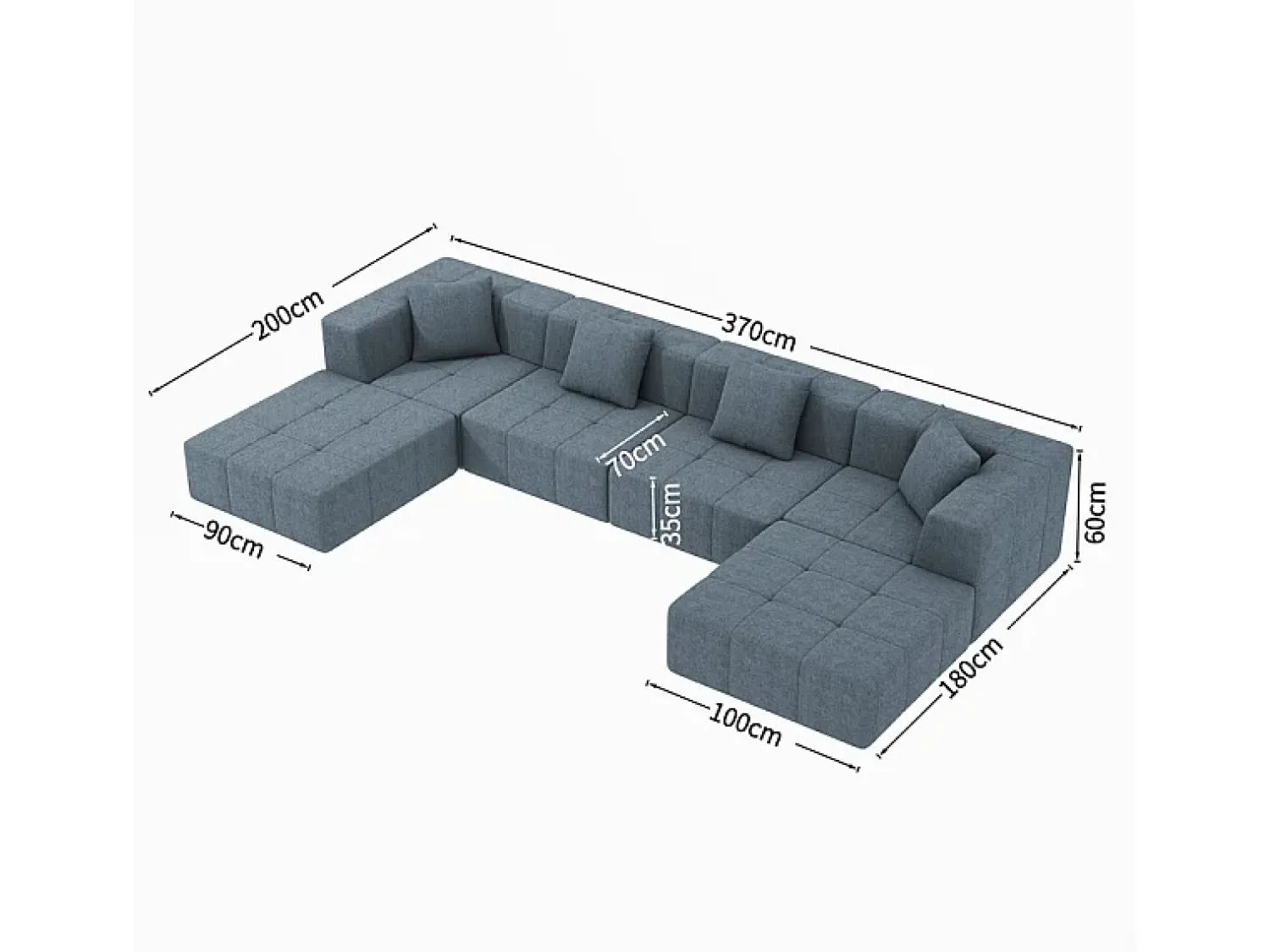 Sofá|DripeX Sofá modular 4 lugares canto tecido - 4 travesseiros e 2 pufes - - 370x200x60cm Cinzento