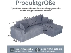Sofá|DripeX Sofá modular 3 lugares canto direito veludo canelado, 2 almofadas, chaise longue 128cm, Cinzento