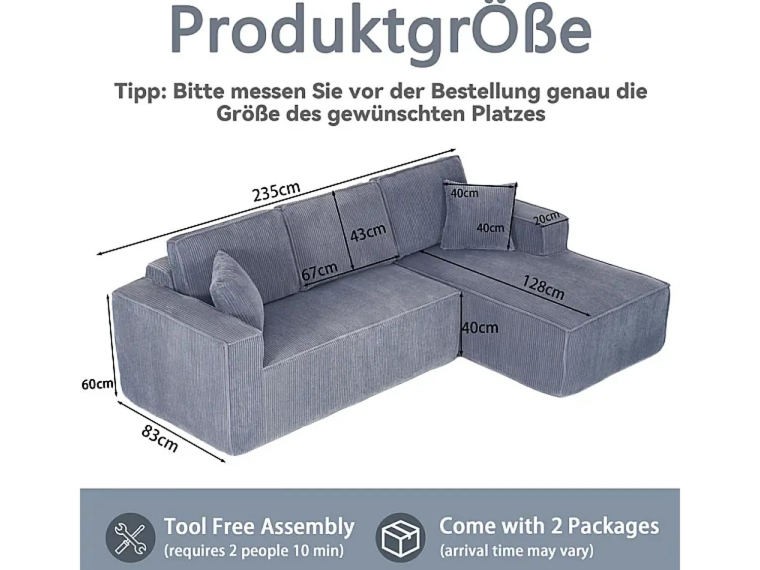 Sofá|DripeX Sofá modular 3 lugares canto direito veludo canelado, 2 almofadas, chaise longue 128cm, Cinzento