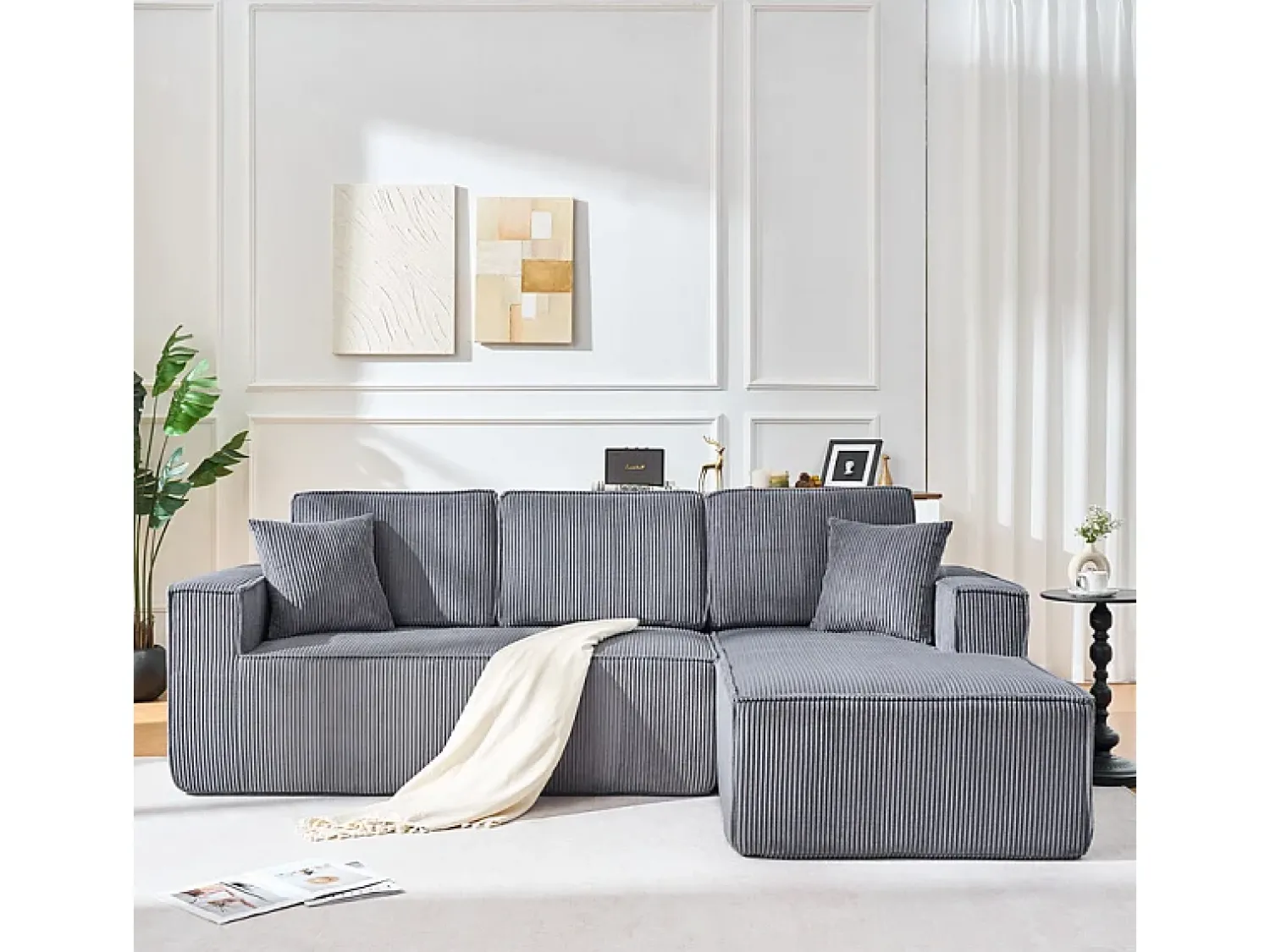 Sofá|DripeX Sofá modular 3 lugares canto direito veludo canelado, 2 almofadas, chaise longue 128cm, Cinzento