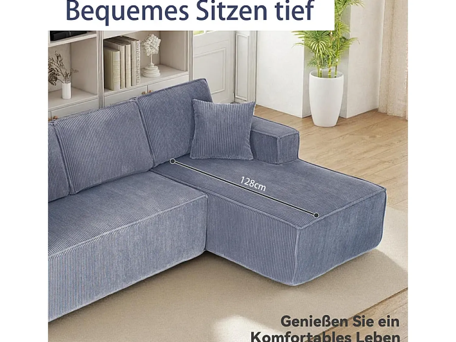 Sofá|DripeX Sofá modular 3 lugares canto direito veludo canelado, 2 almofadas, chaise longue 128cm, Cinzento