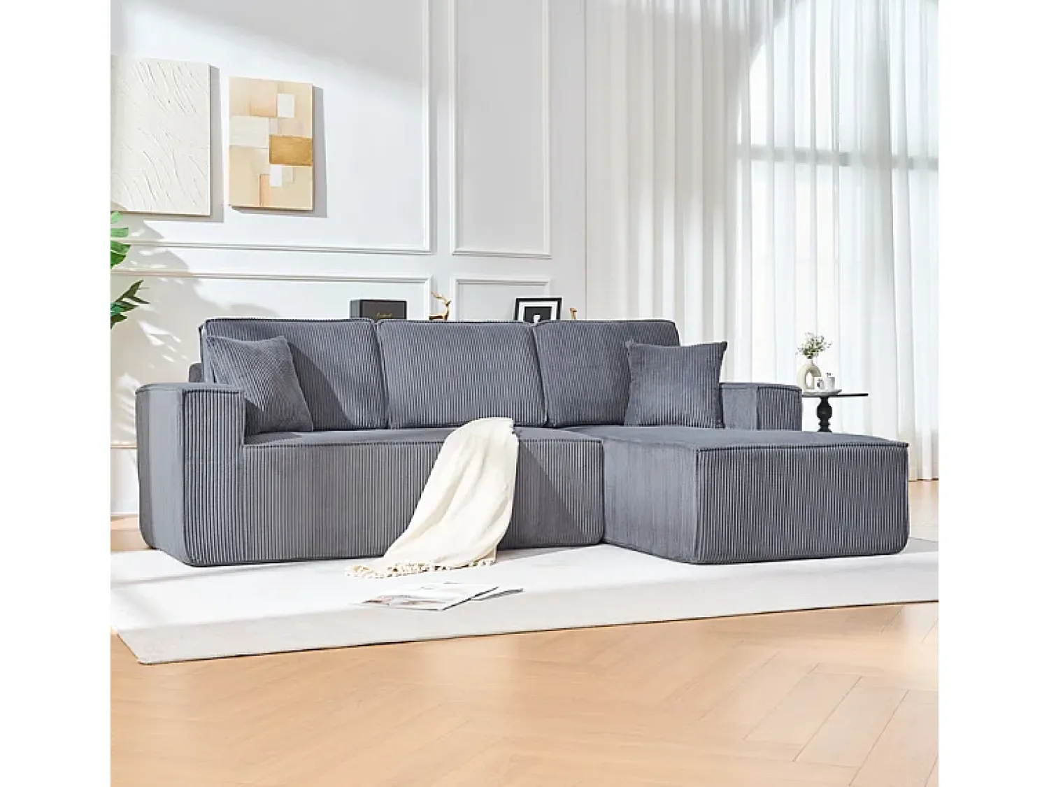 Sofá|DripeX Sofá modular 3 lugares canto direito veludo canelado, 2 almofadas, chaise longue 128cm, Cinzento