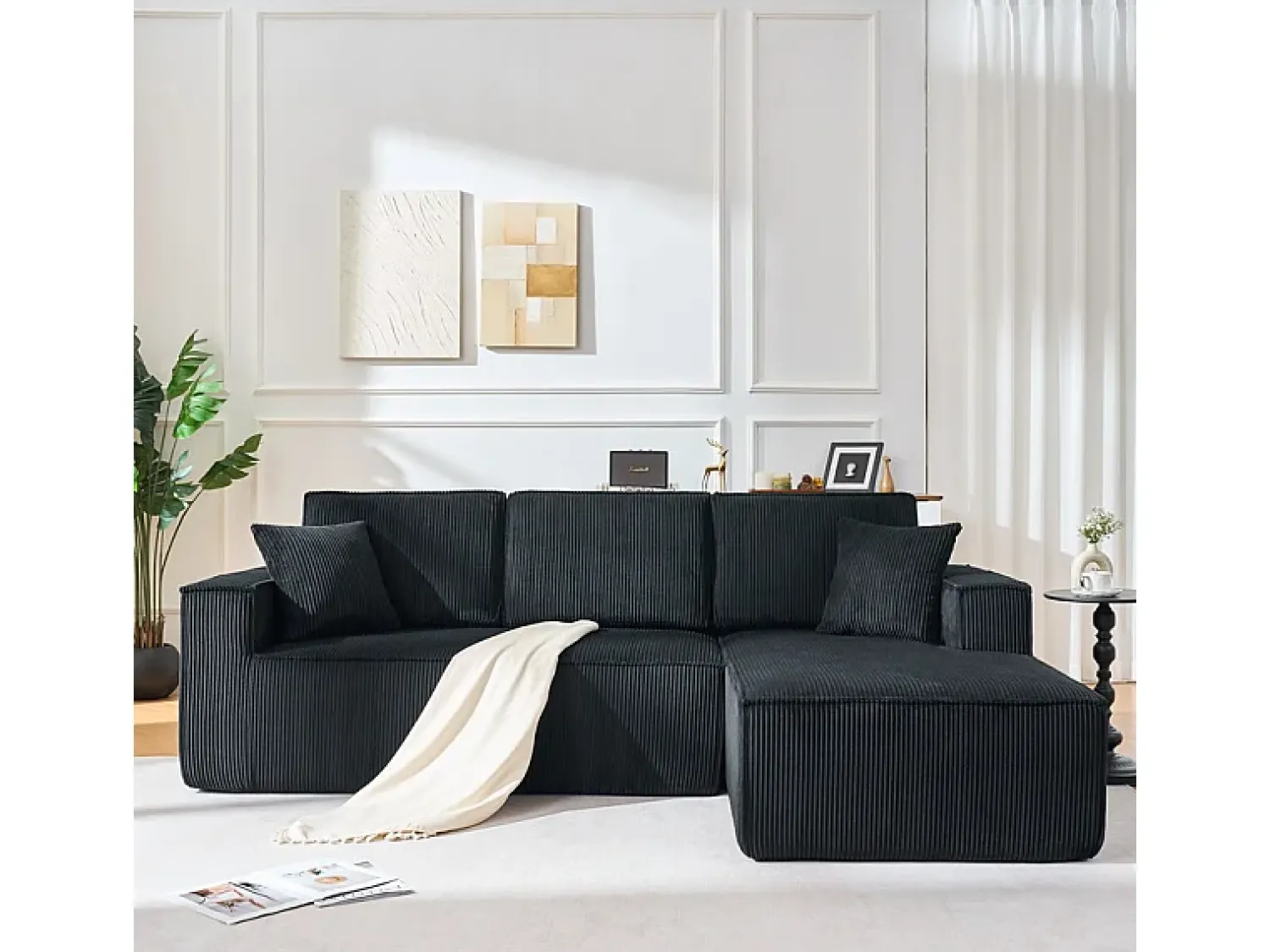 Sofá|DripeX Sofá modular 3 lugares canto direito veludo canelado, 2 almofadas, chaise longue 128cm, Preto