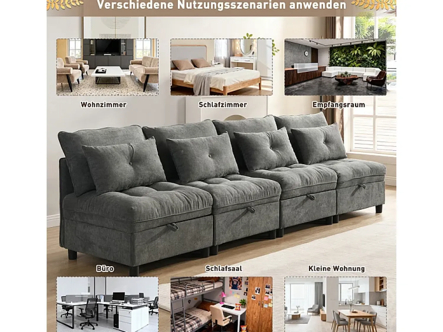 Sofá*DripeX Sofá Modular 4 Lugares em Chenille - com 8 Almofadas e 4 Armazenamentos - Carga Máx. 500kg - 274x76x87cm - Cinza Cinzento