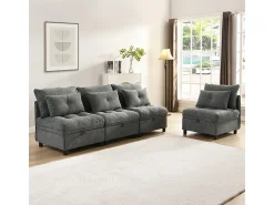 Sofá*DripeX Sofá Modular 4 Lugares em Chenille - com 8 Almofadas e 4 Armazenamentos - Carga Máx. 500kg - 274x76x87cm - Cinza Cinzento