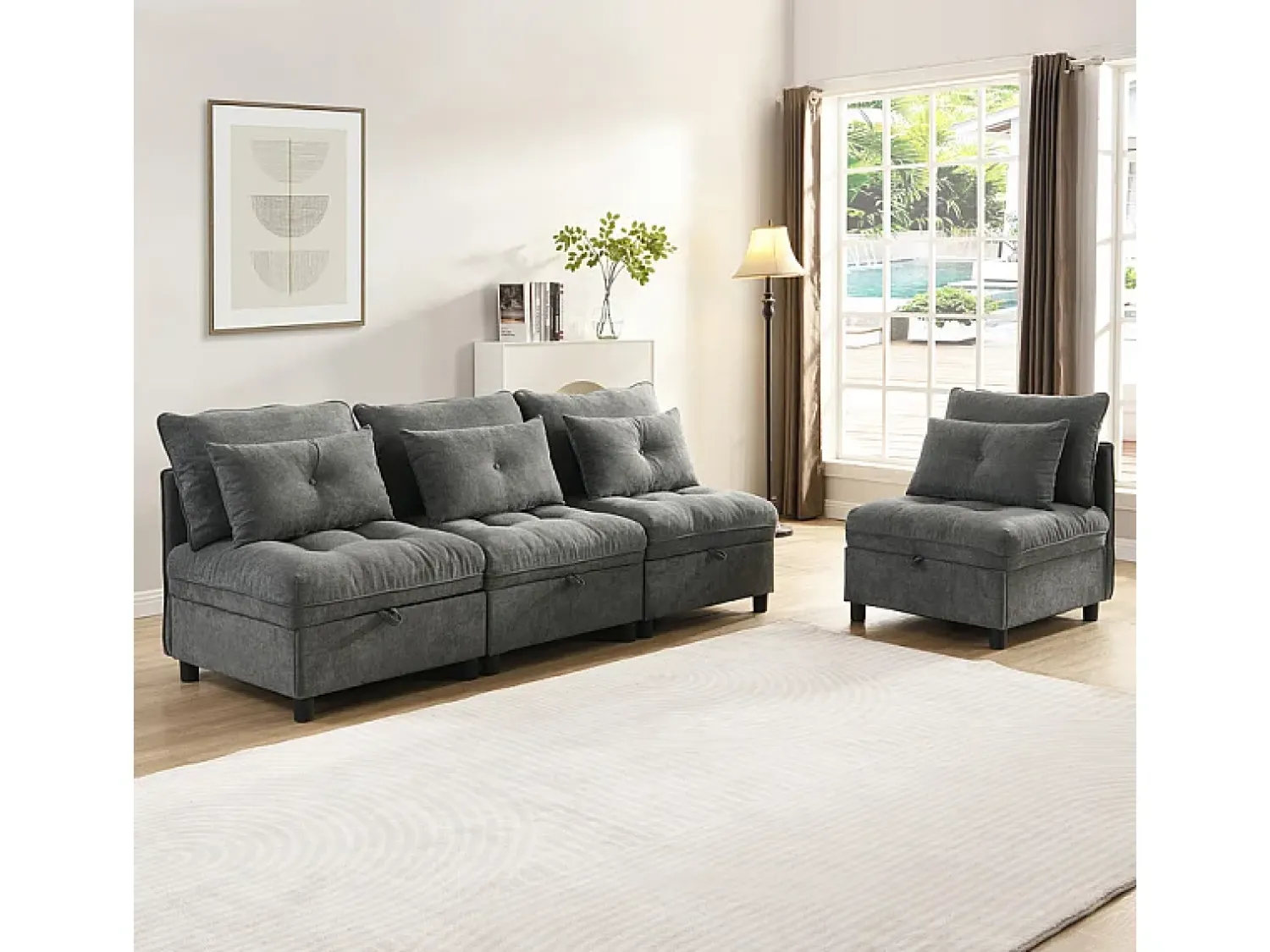 Sofá*DripeX Sofá Modular 4 Lugares em Chenille - com 8 Almofadas e 4 Armazenamentos - Carga Máx. 500kg - 274x76x87cm - Cinza Cinzento