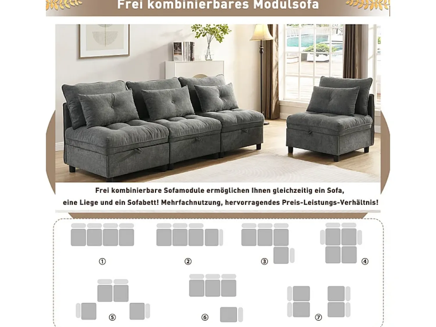 Sofá*DripeX Sofá Modular 4 Lugares em Chenille - com 8 Almofadas e 4 Armazenamentos - Carga Máx. 500kg - 274x76x87cm - Cinza Cinzento