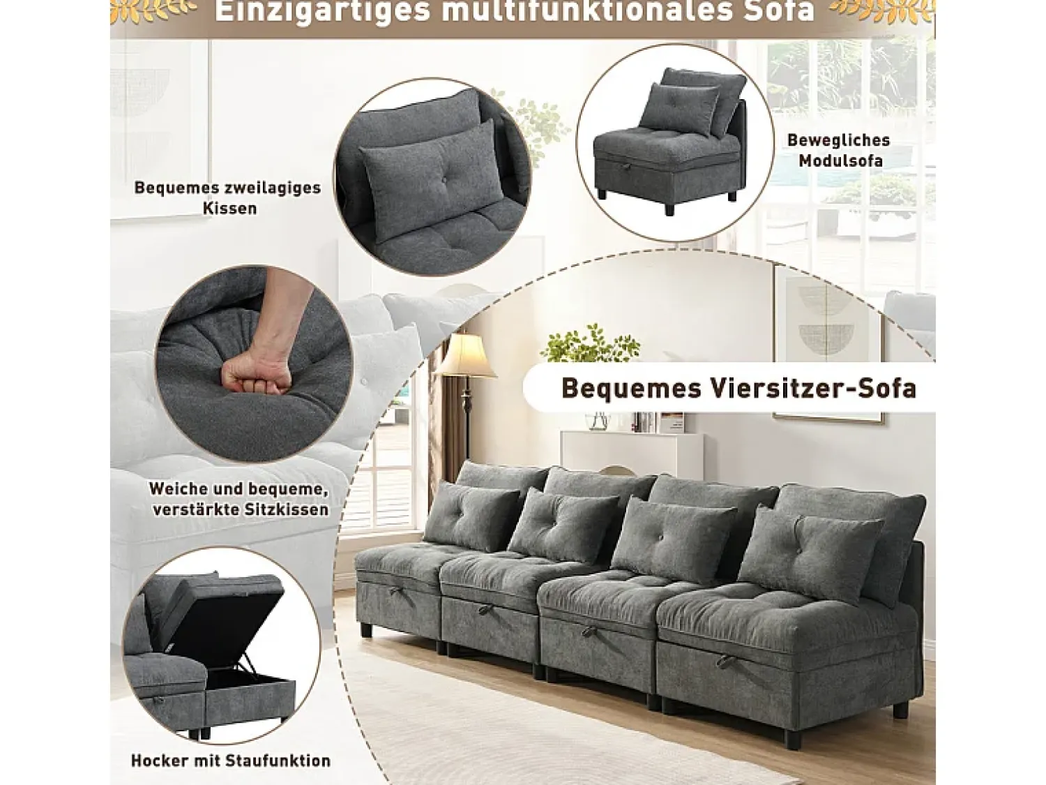 Sofá*DripeX Sofá Modular 4 Lugares em Chenille - com 8 Almofadas e 4 Armazenamentos - Carga Máx. 500kg - 274x76x87cm - Cinza Cinzento