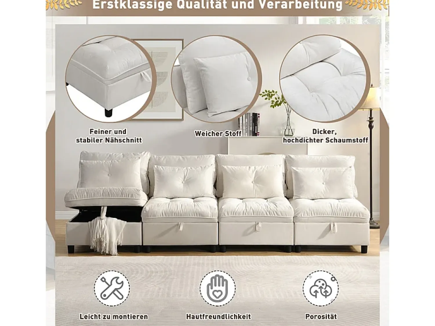 Sale DripeX Sofá Modular 4 Lugares em Chenille - com 8 Almofadas e 4 Armazenamentos - Carga Máx. 500kg - 274x76x87cm - Bege