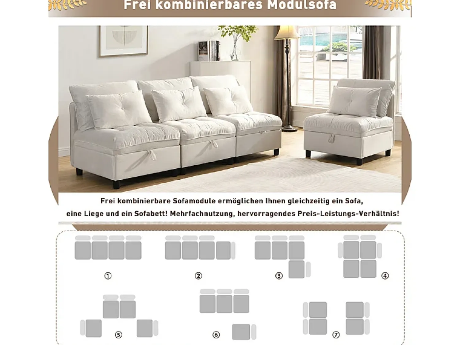Sale DripeX Sofá Modular 4 Lugares em Chenille - com 8 Almofadas e 4 Armazenamentos - Carga Máx. 500kg - 274x76x87cm - Bege