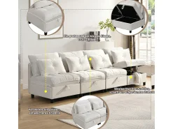 Sale DripeX Sofá Modular 4 Lugares em Chenille - com 8 Almofadas e 4 Armazenamentos - Carga Máx. 500kg - 274x76x87cm - Bege