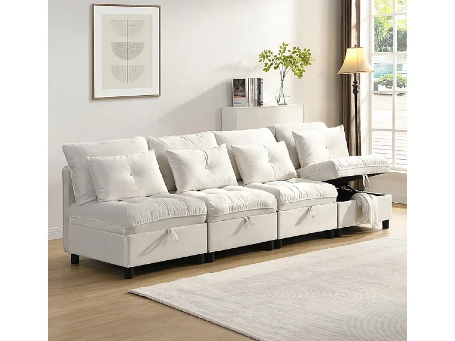 Sale DripeX Sofá Modular 4 Lugares em Chenille - com 8 Almofadas e 4 Armazenamentos - Carga Máx. 500kg - 274x76x87cm - Bege
