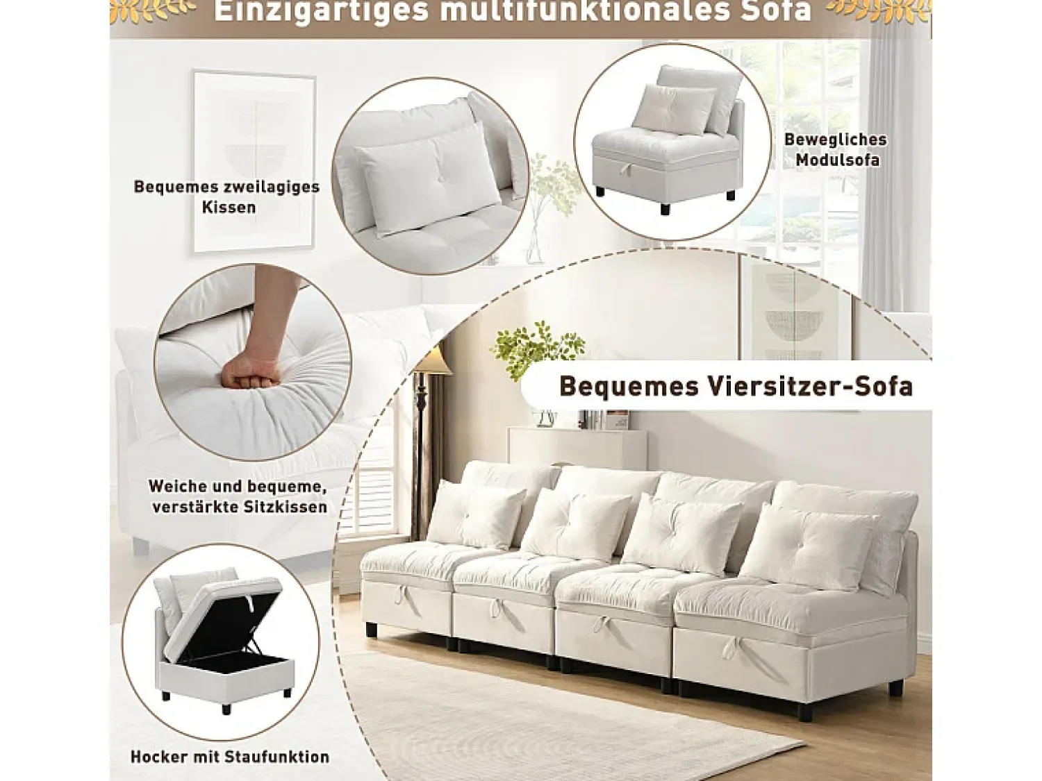 Sale DripeX Sofá Modular 4 Lugares em Chenille - com 8 Almofadas e 4 Armazenamentos - Carga Máx. 500kg - 274x76x87cm - Bege