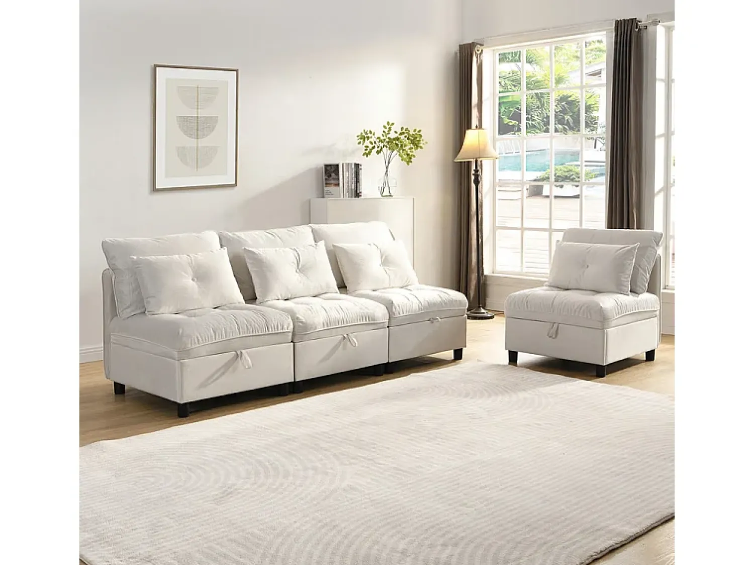 Sale DripeX Sofá Modular 4 Lugares em Chenille - com 8 Almofadas e 4 Armazenamentos - Carga Máx. 500kg - 274x76x87cm - Bege