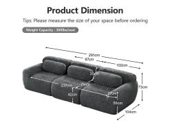 Sofá|DripeX Sofá Modular 3 lugares em tecido peluche, com 3 almofadas, sem estrutura, 291x104x73cm, Cinza Cinzento