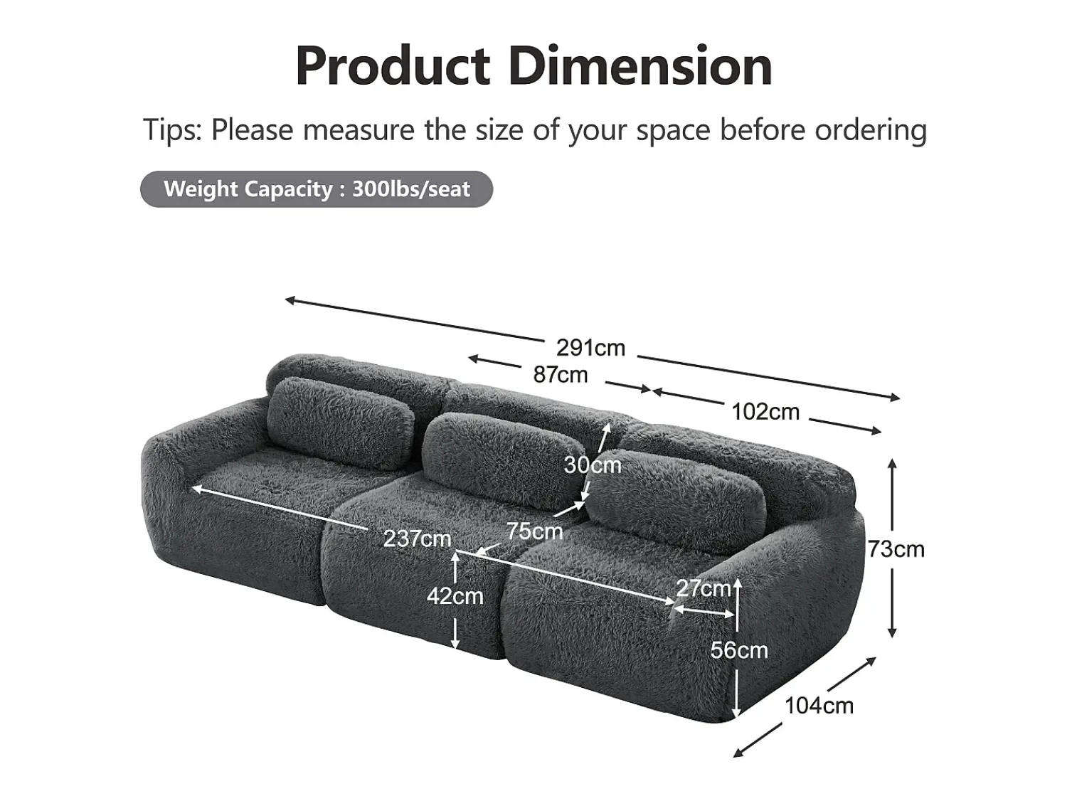 Sofá|DripeX Sofá Modular 3 lugares em tecido peluche, com 3 almofadas, sem estrutura, 291x104x73cm, Cinza Cinzento