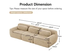 Sofá*DripeX Sofá Modular 3 lugares em tecido peluche, com 3 almofadas, sem estrutura, 291x104x73cm, Caqui