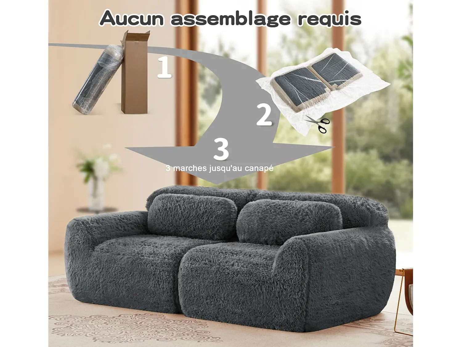DripeX Sofá Modular 2 lugares em tecido peluche, com 2 almofadas, assento extra profundo 75cm, 204x104x73cm, Cinza Cinzento