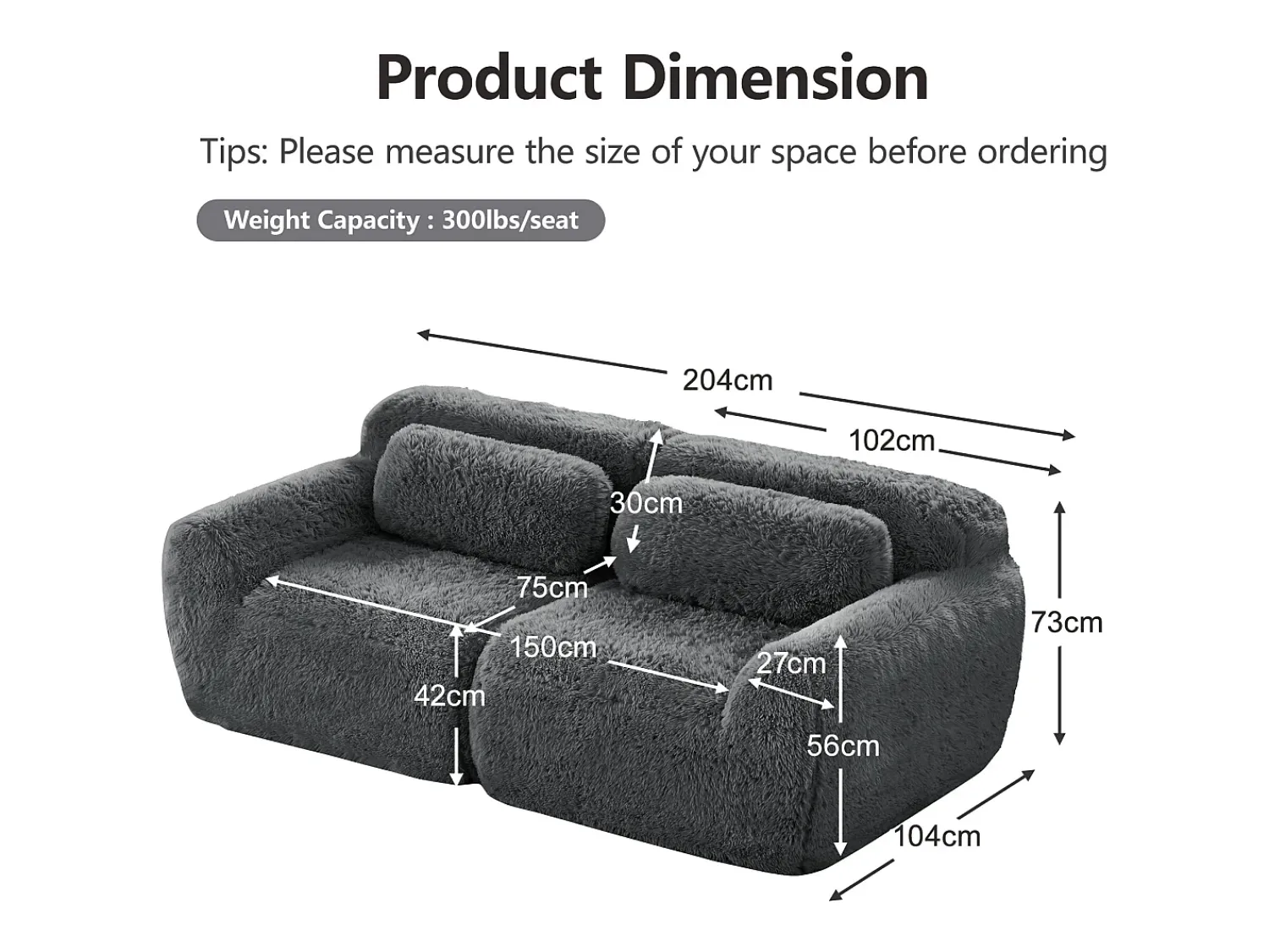 DripeX Sofá Modular 2 lugares em tecido peluche, com 2 almofadas, assento extra profundo 75cm, 204x104x73cm, Cinza Cinzento