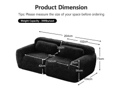 Sofá*DripeX Sofá Modular 2 lugares em tecido peluche, com 2 almofadas, assento extra profundo 75cm, 204x104x73cm, Preto