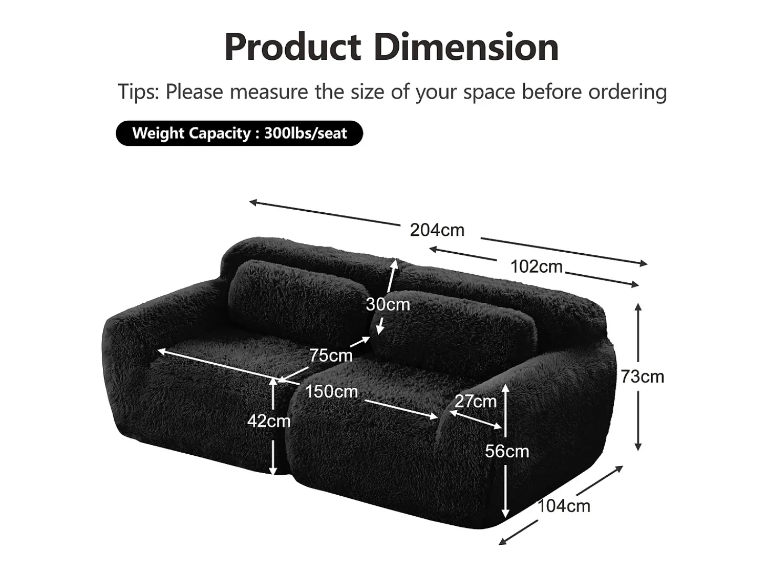 Sofá*DripeX Sofá Modular 2 lugares em tecido peluche, com 2 almofadas, assento extra profundo 75cm, 204x104x73cm, Preto