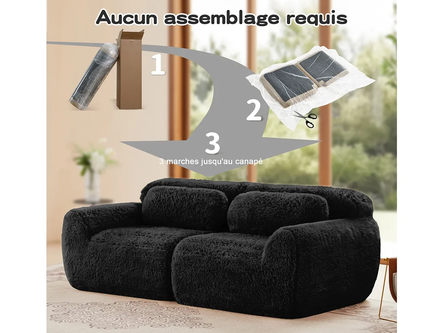 Sofá*DripeX Sofá Modular 2 lugares em tecido peluche, com 2 almofadas, assento extra profundo 75cm, 204x104x73cm, Preto