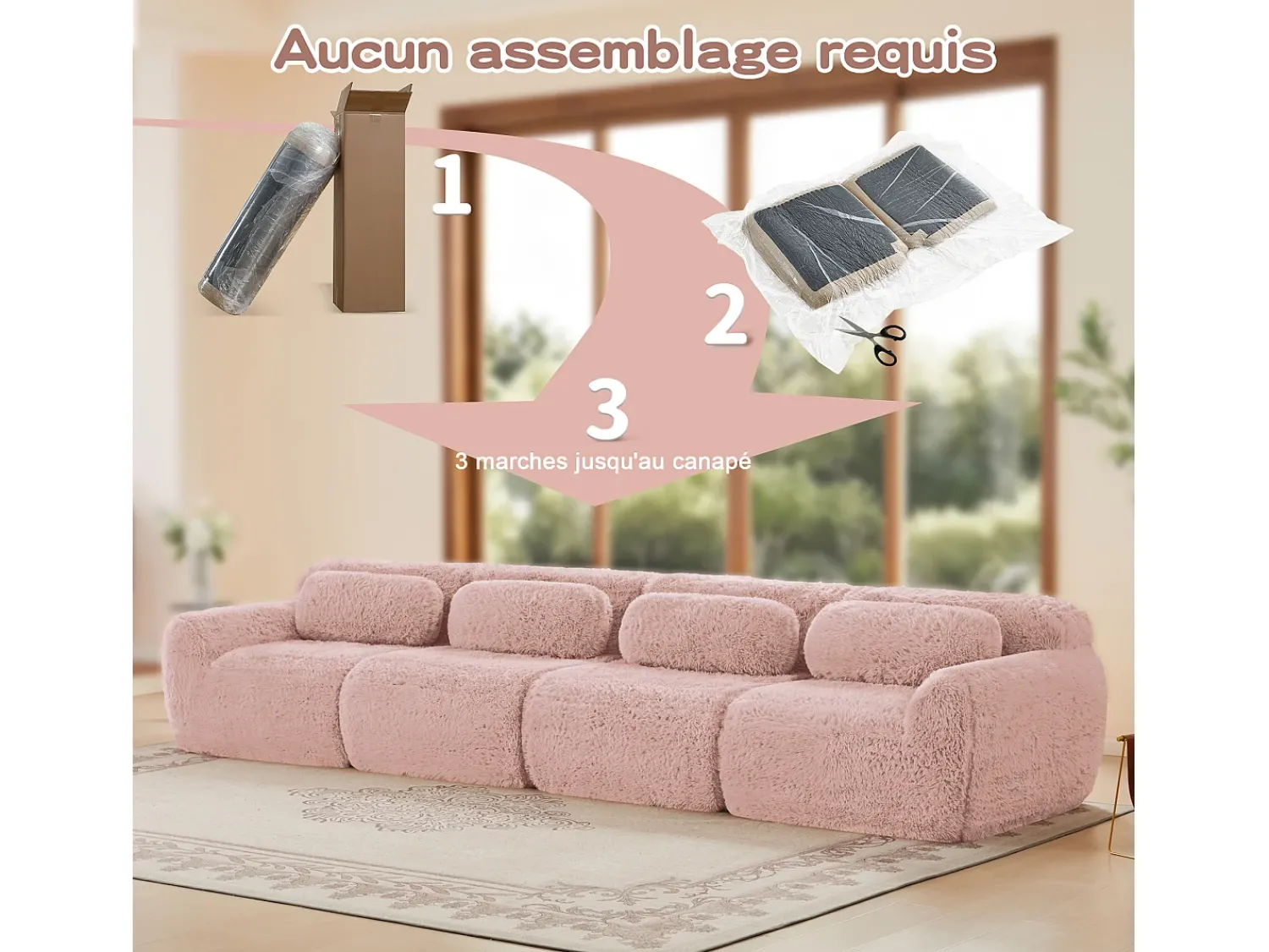 Sofá*DripeX Sofá Modular 4 lugares em tecido peluche, com 4 almofadas, sem estrutura, 378x104x73cm, Rosa