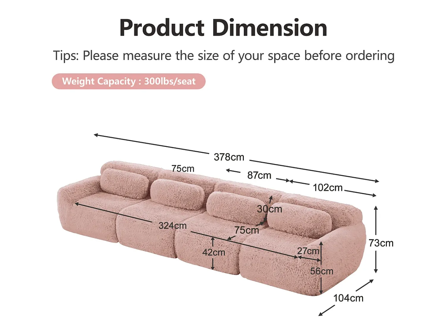 Sofá*DripeX Sofá Modular 4 lugares em tecido peluche, com 4 almofadas, sem estrutura, 378x104x73cm, Rosa
