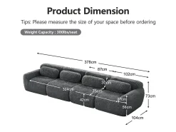 Sofá|DripeX Sofá Modular 4 lugares em tecido peluche, com 4 almofadas, sem estrutura, 378x104x73cm, Cinza Cinzento